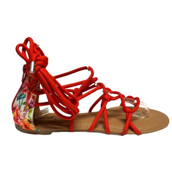 Qupid Lana-455 Blood Orange Strappy Wrap Around Open Toe Flat Sandal - Picture 3 of 4